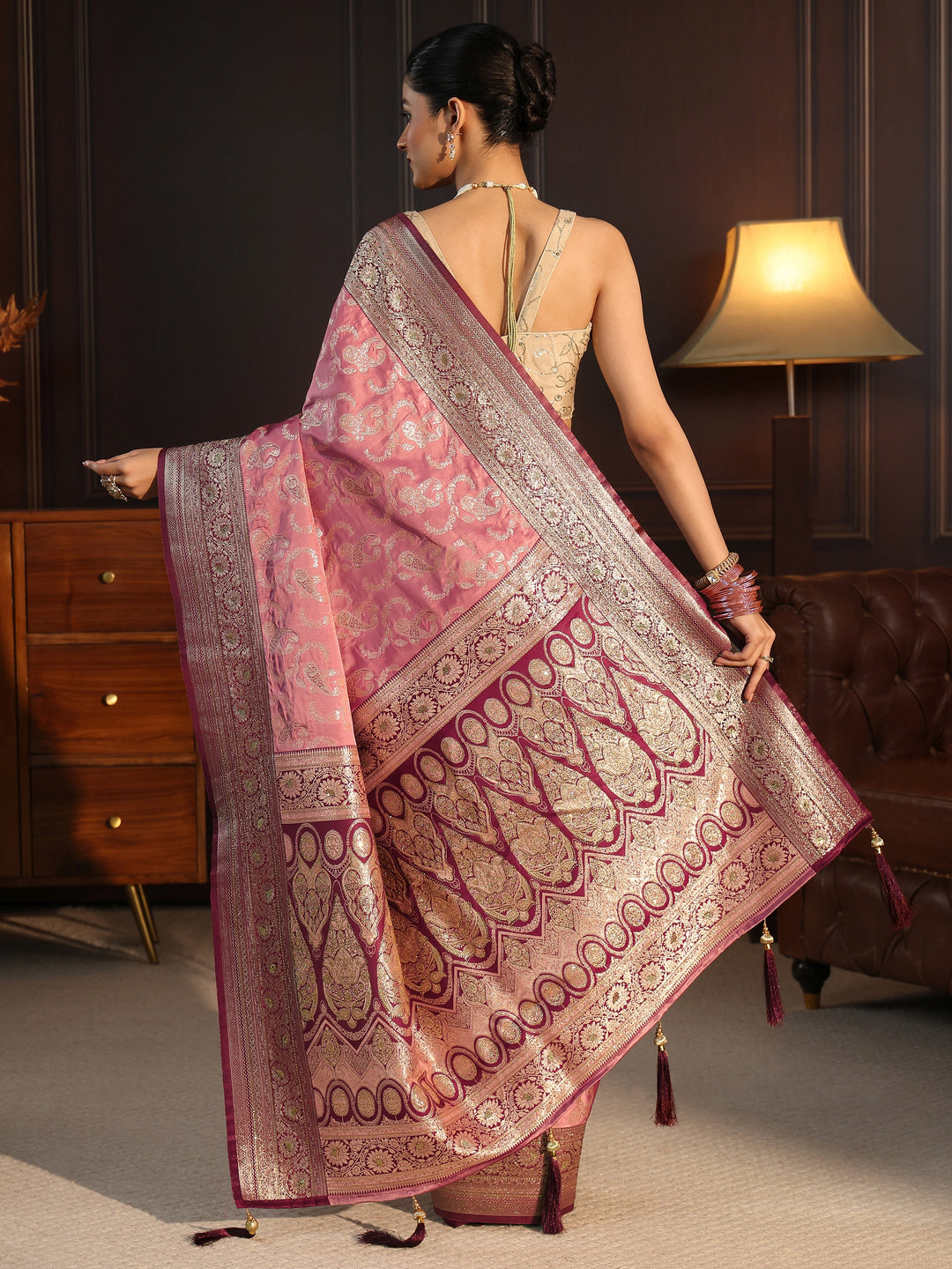  Libas Peach Paisley Woven Design Satin Tassel Saree 