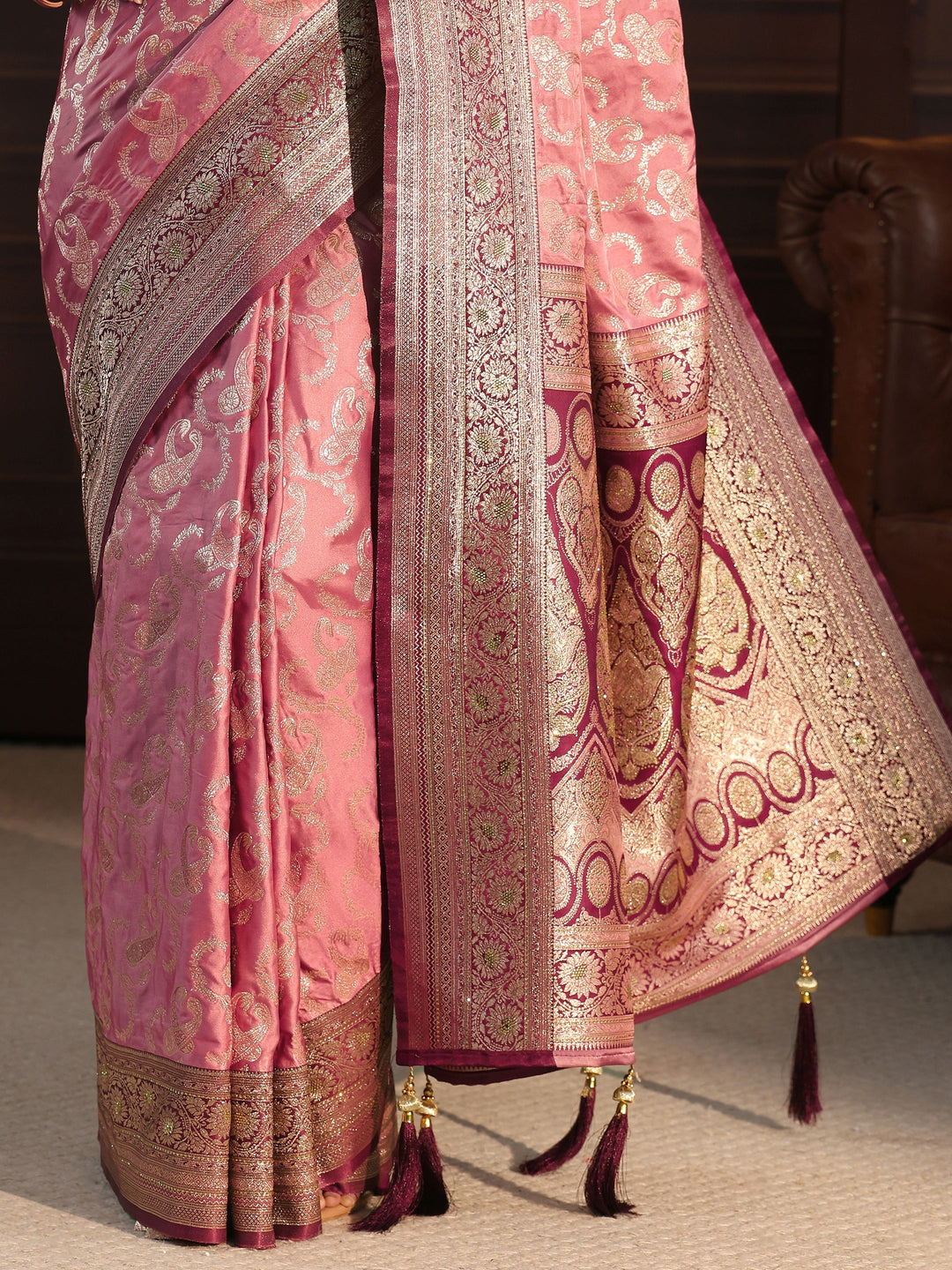  Libas Peach Paisley Woven Design Satin Tassel Saree 