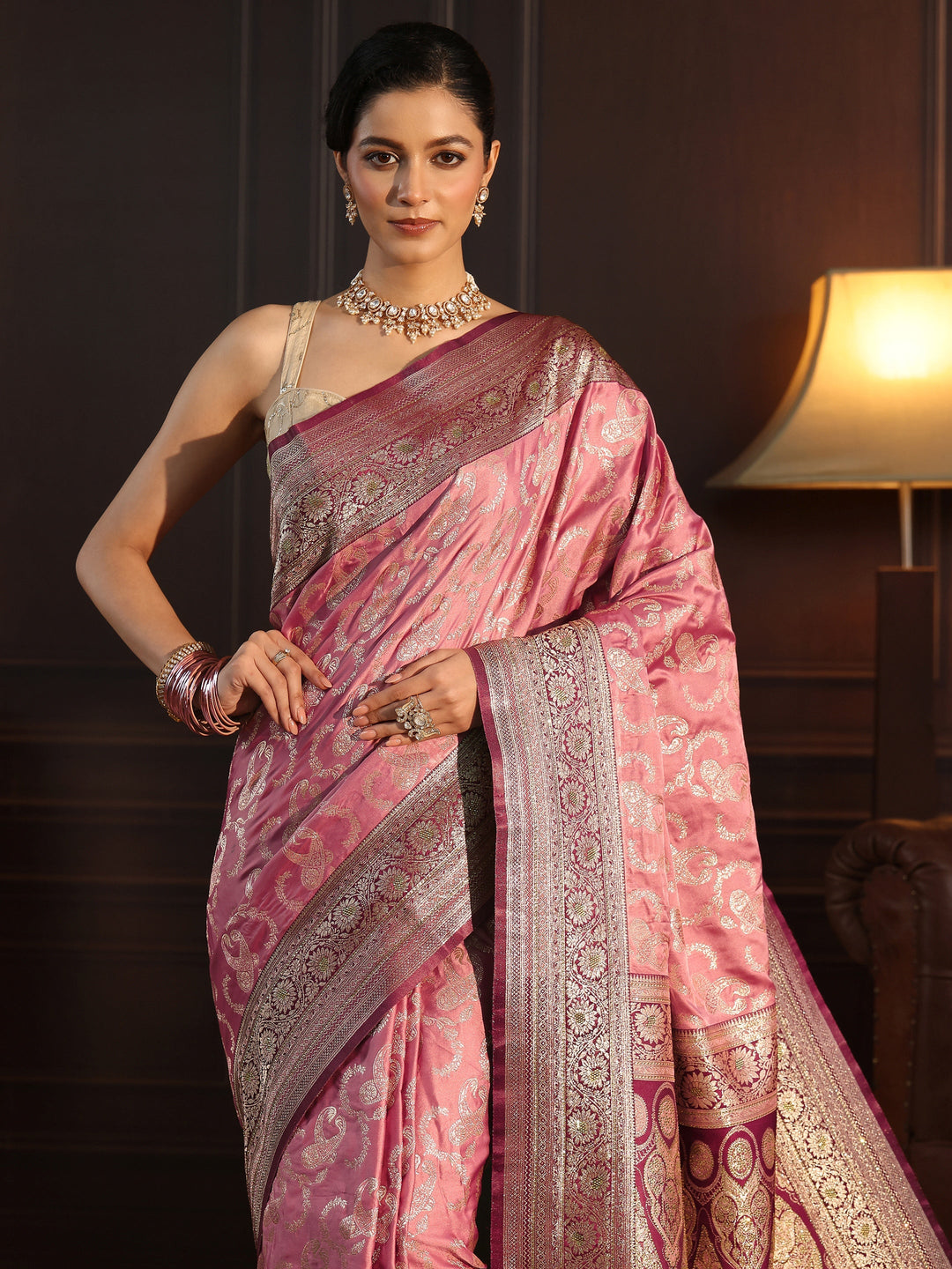  Libas Peach Paisley Woven Design Satin Tassel Saree 