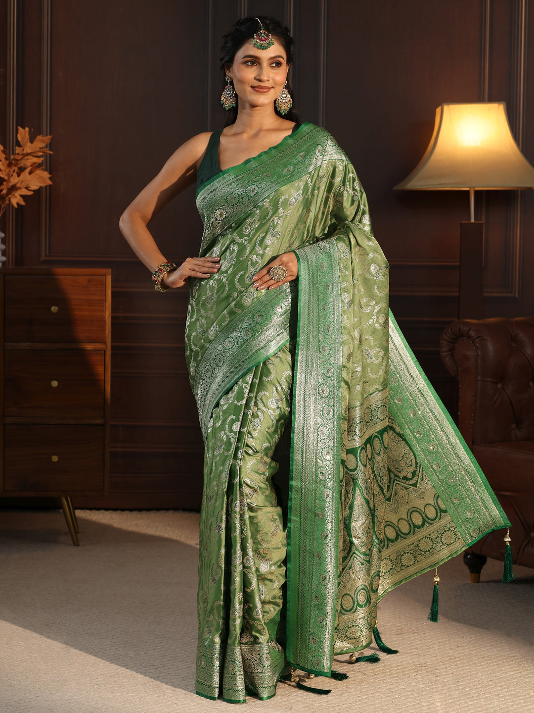  Libas Green Paisley Woven Design Satin Tassel Saree 