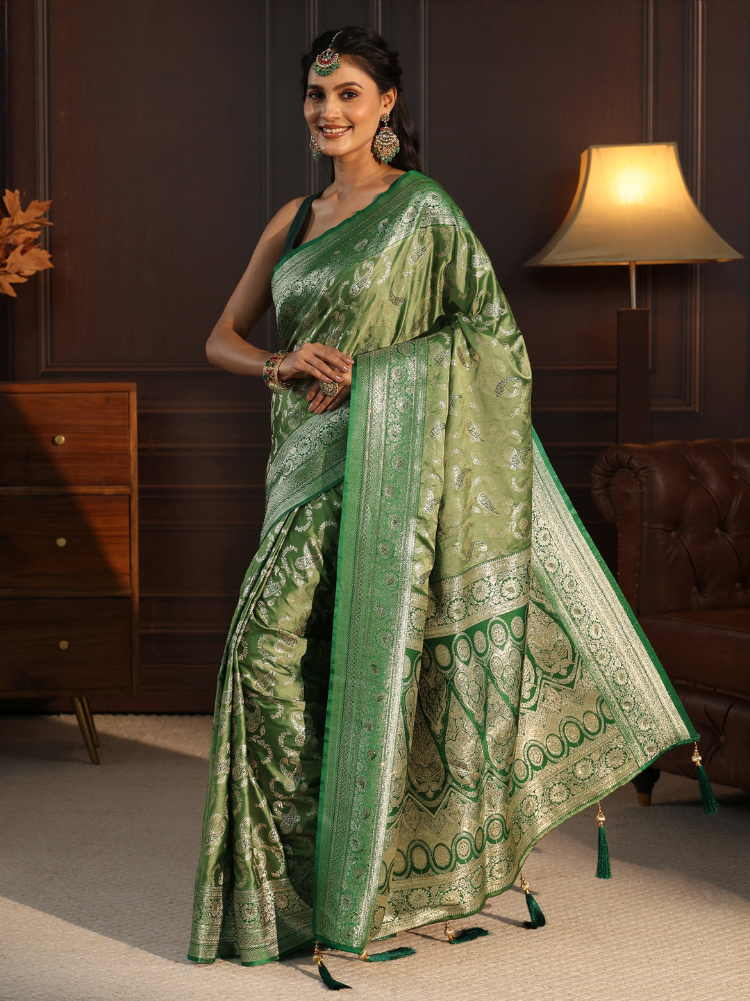  Libas Green Paisley Woven Design Satin Tassel Saree 