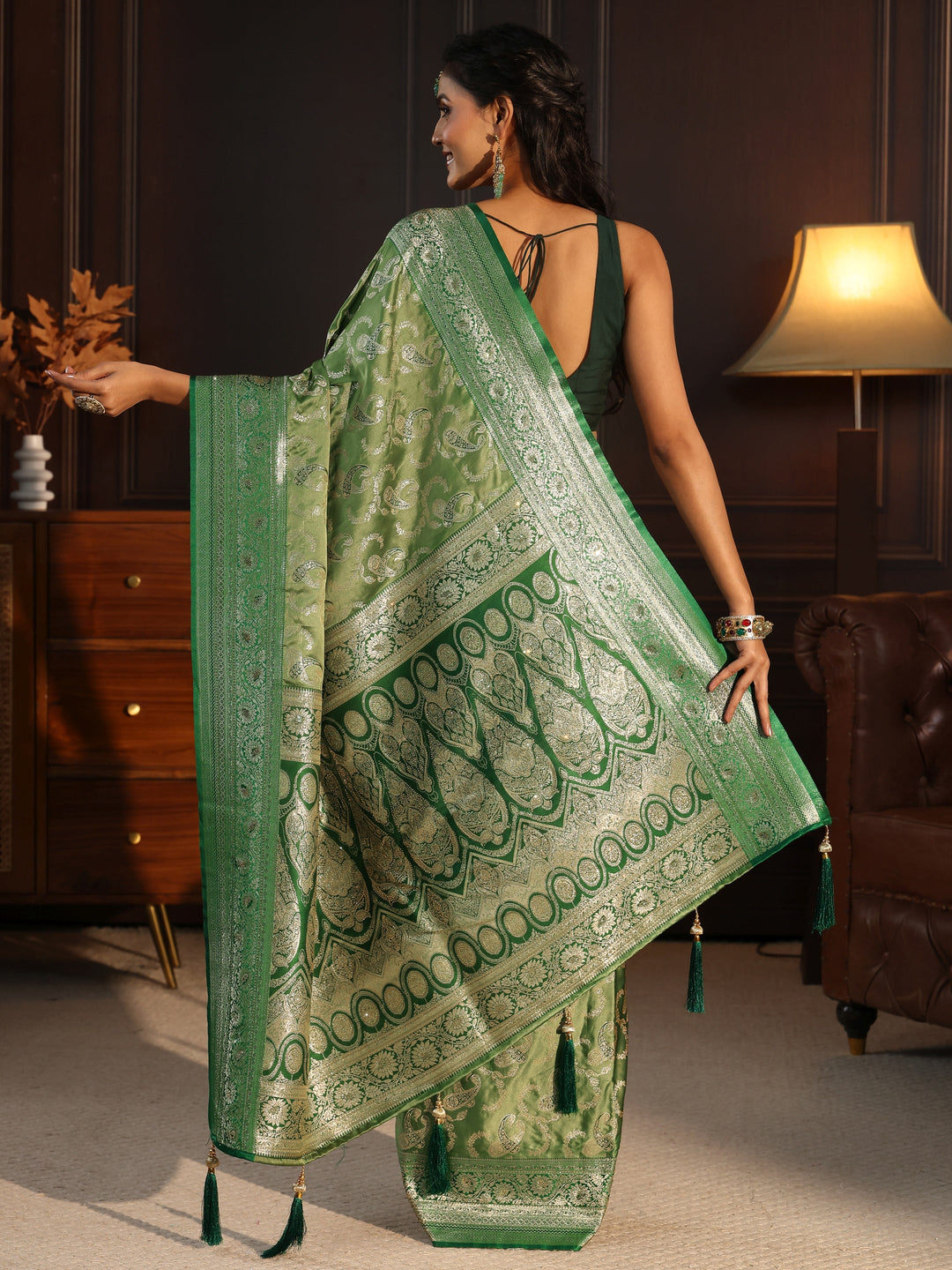  Libas Green Paisley Woven Design Satin Tassel Saree 