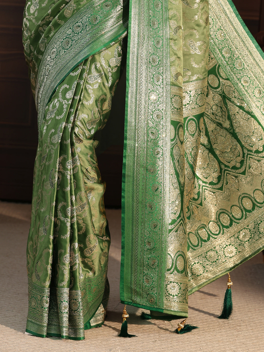  Libas Green Paisley Woven Design Satin Tassel Saree 
