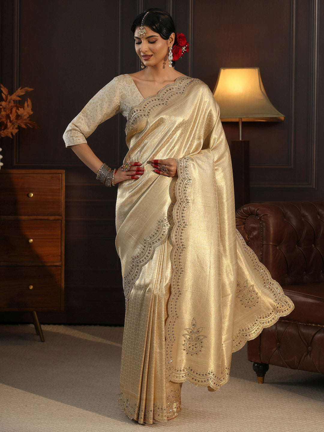  Libas Art Cream Woven Design Silk Saree with Embellished Border 