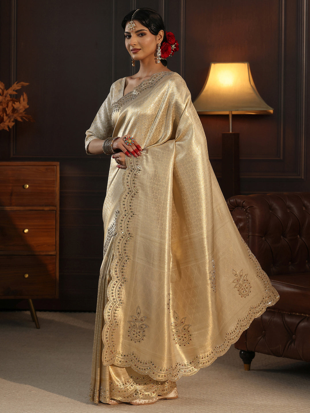  Libas Art Cream Woven Design Silk Saree with Embellished Border 