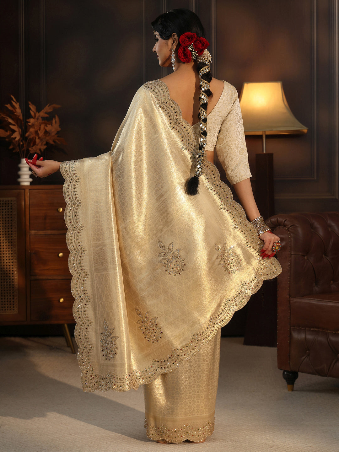  Libas Art Cream Woven Design Silk Saree with Embellished Border 