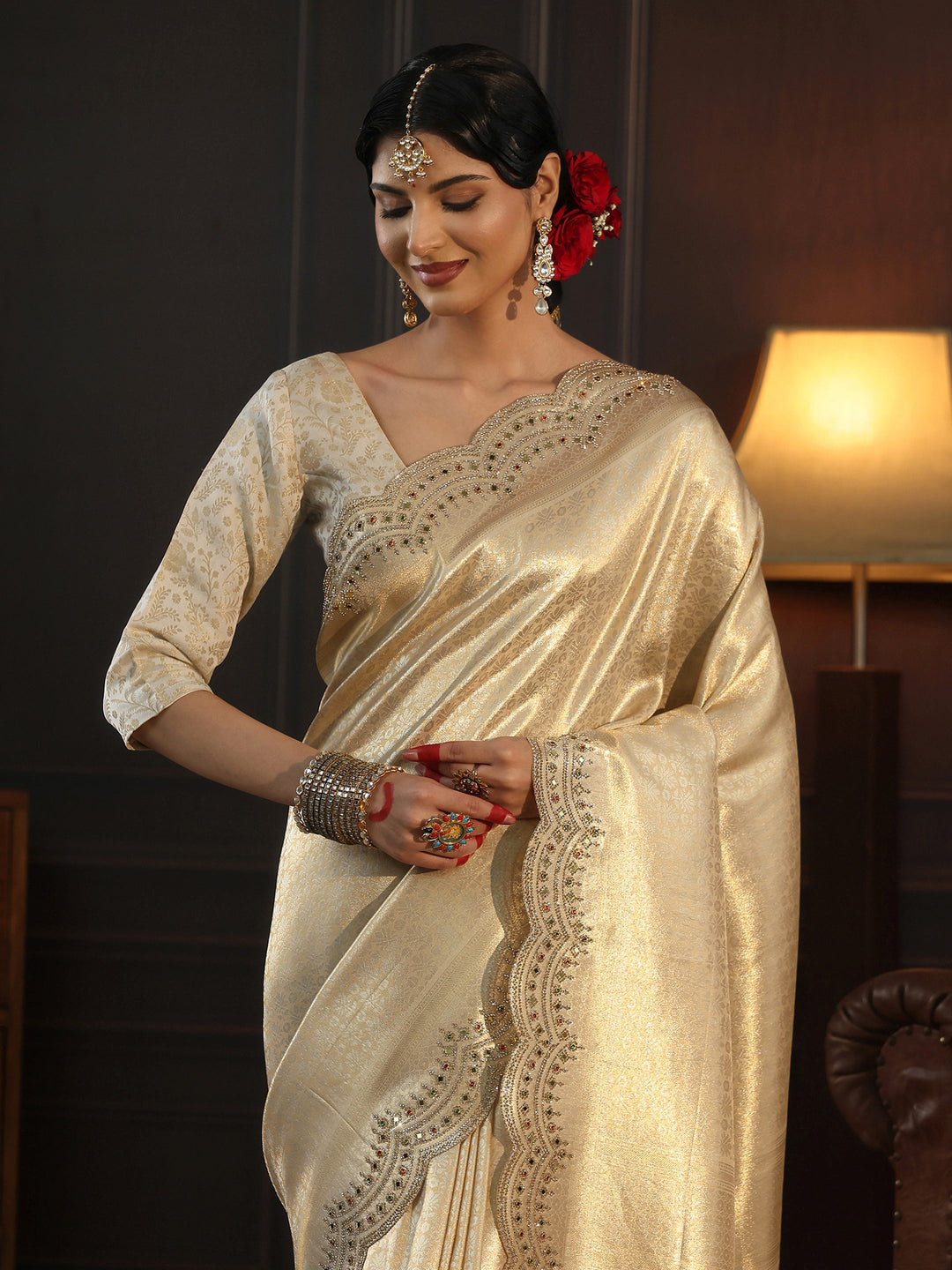  Libas Art Cream Woven Design Silk Saree with Embellished Border 