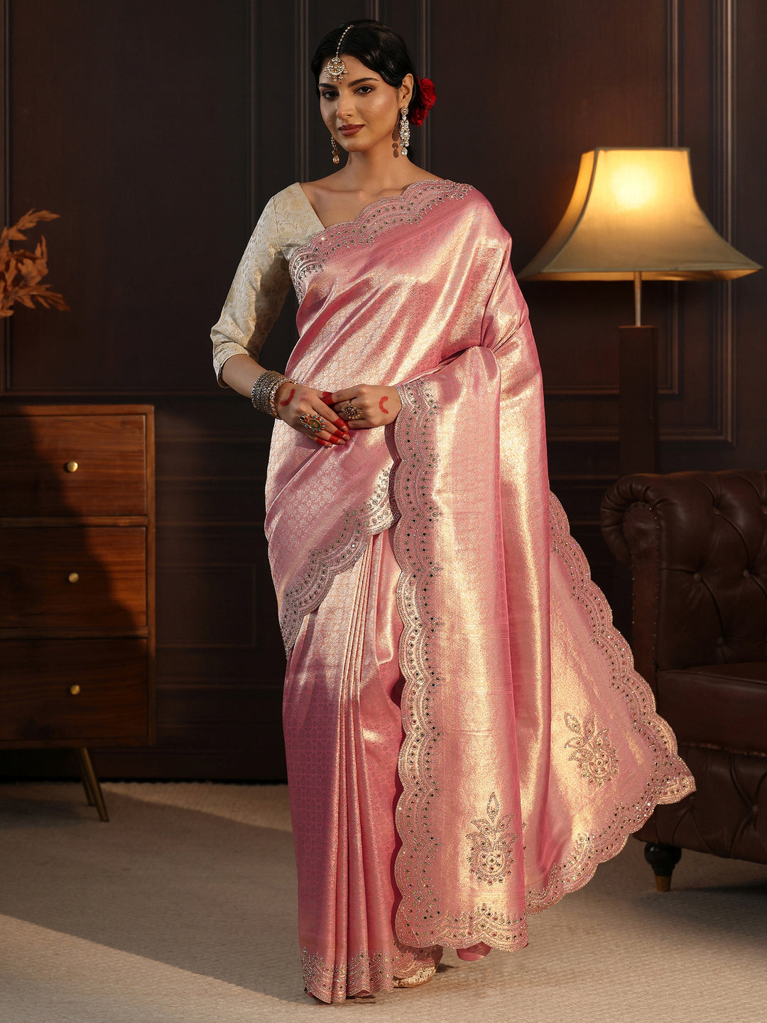  Libas Art Peach Woven Design Silk Saree with Embellished Border 