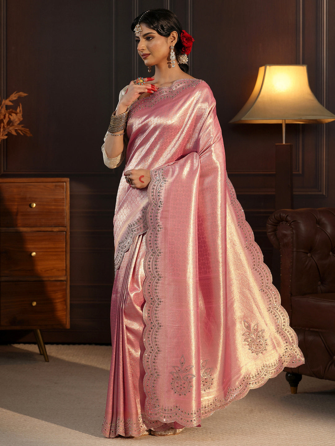  Libas Art Peach Woven Design Silk Saree with Embellished Border 