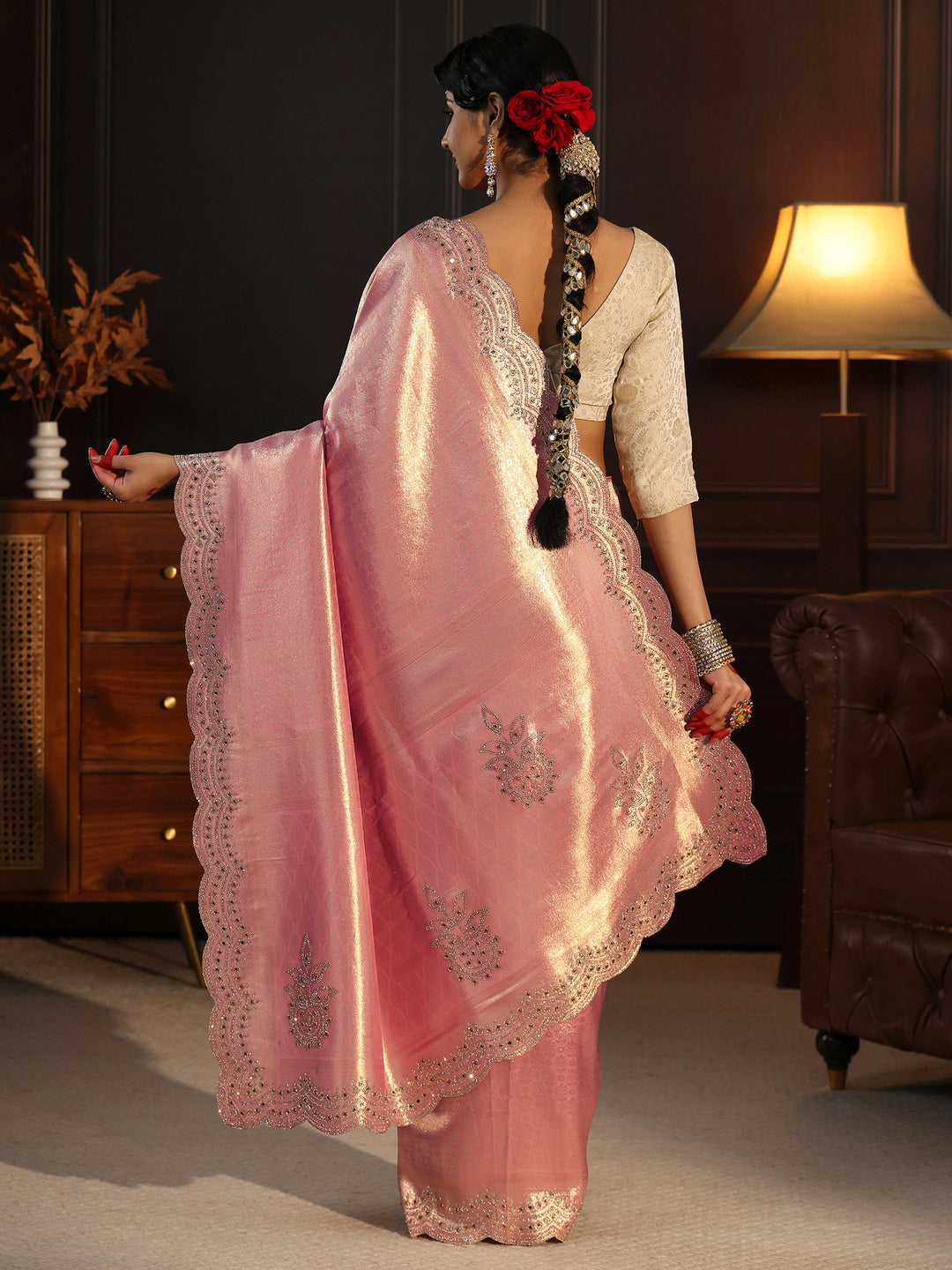 Libas Art Peach Woven Design Silk Saree with Embellished Border 