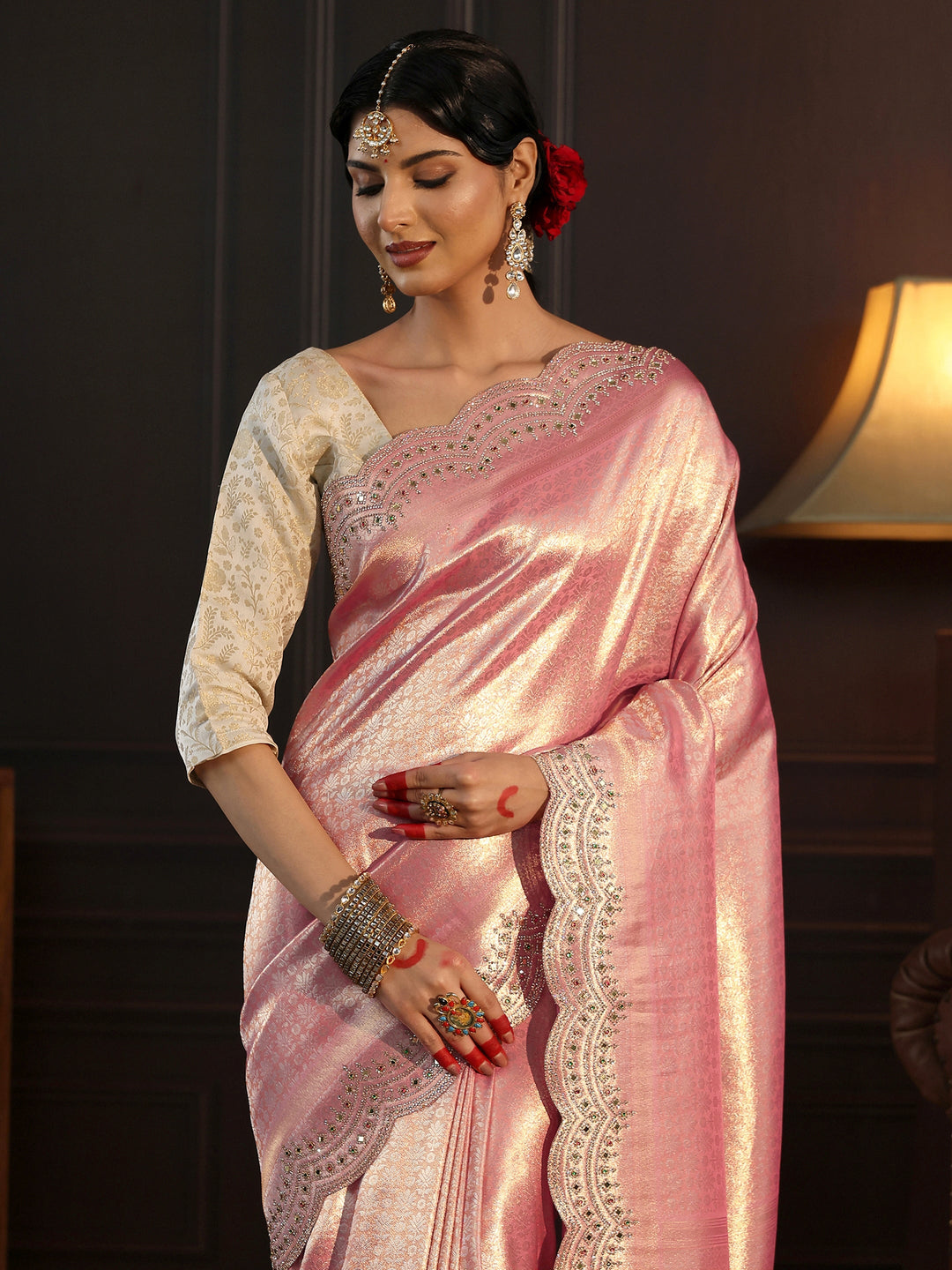  Libas Art Peach Woven Design Silk Saree with Embellished Border 