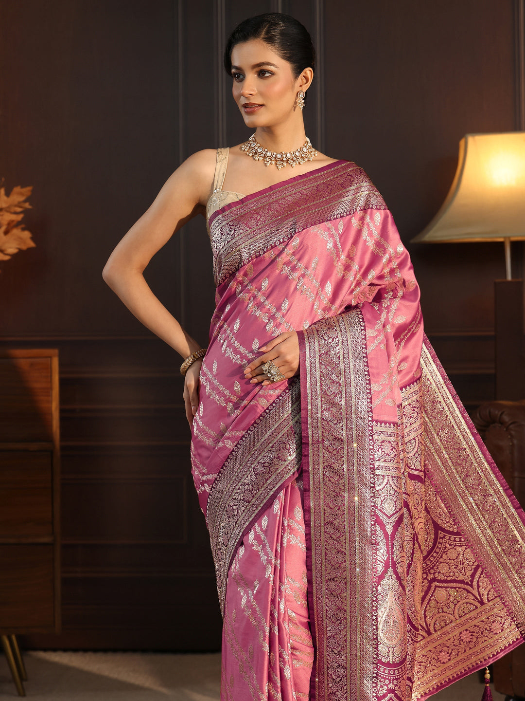  Libas Pink Woven Design Satin Tassel Saree 