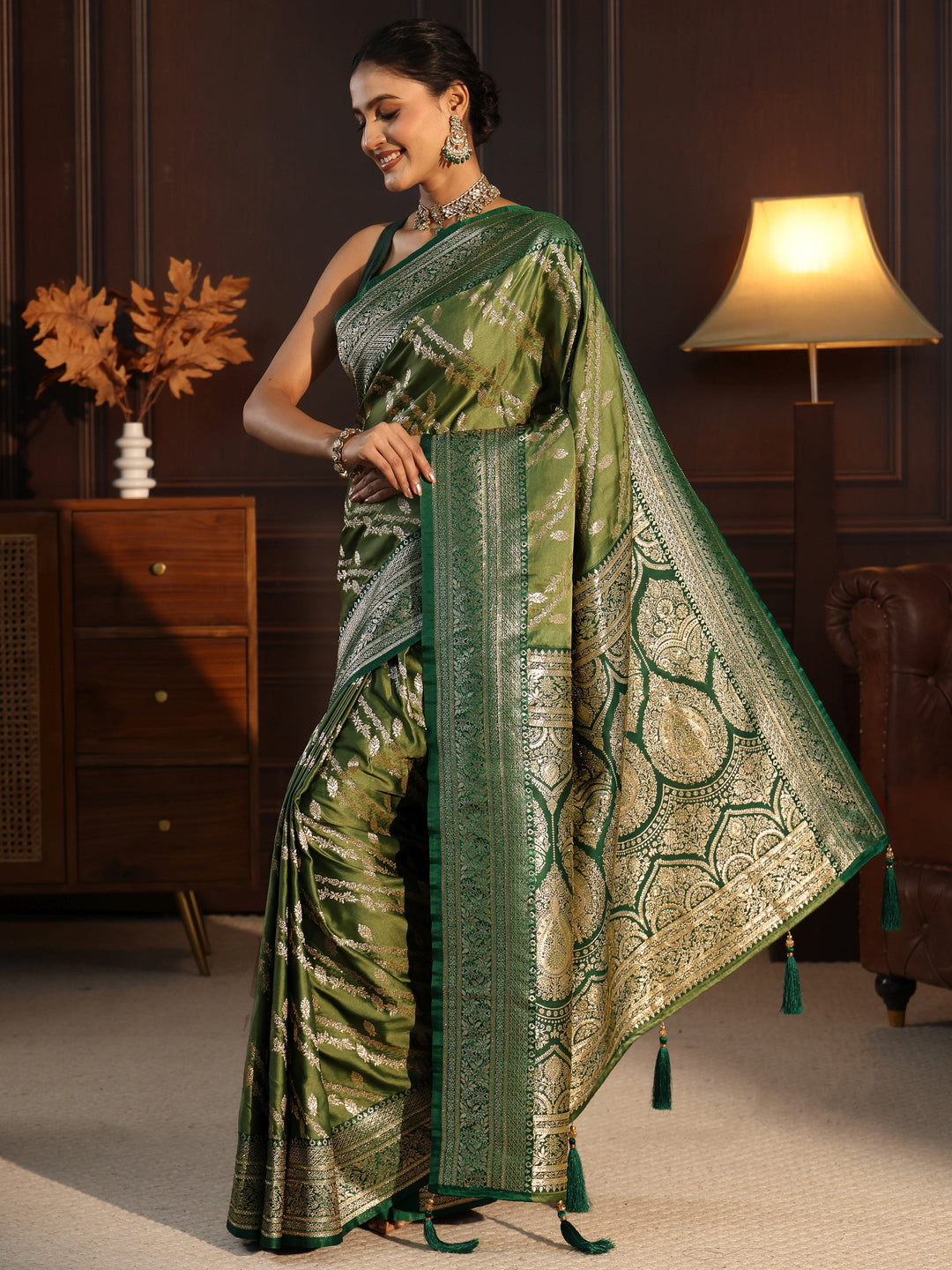  Libas Green Ethnic Woven Design Satin Saree with Stone Work 