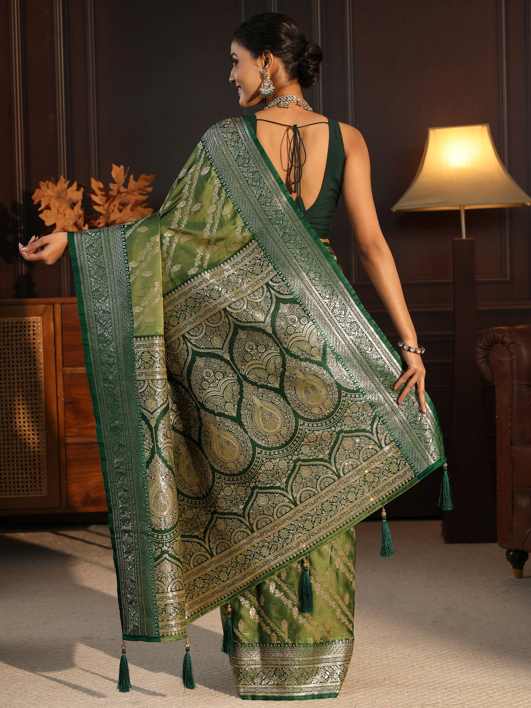  Libas Green Ethnic Woven Design Satin Saree with Stone Work 