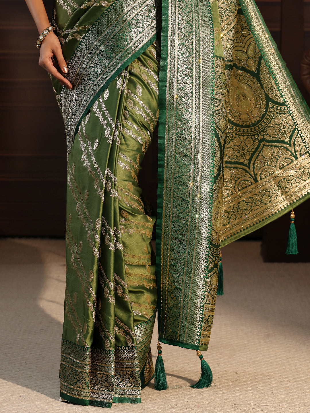  Libas Green Ethnic Woven Design Satin Saree with Stone Work 