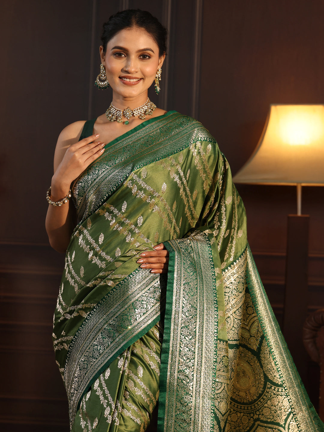  Libas Green Ethnic Woven Design Satin Saree with Stone Work 