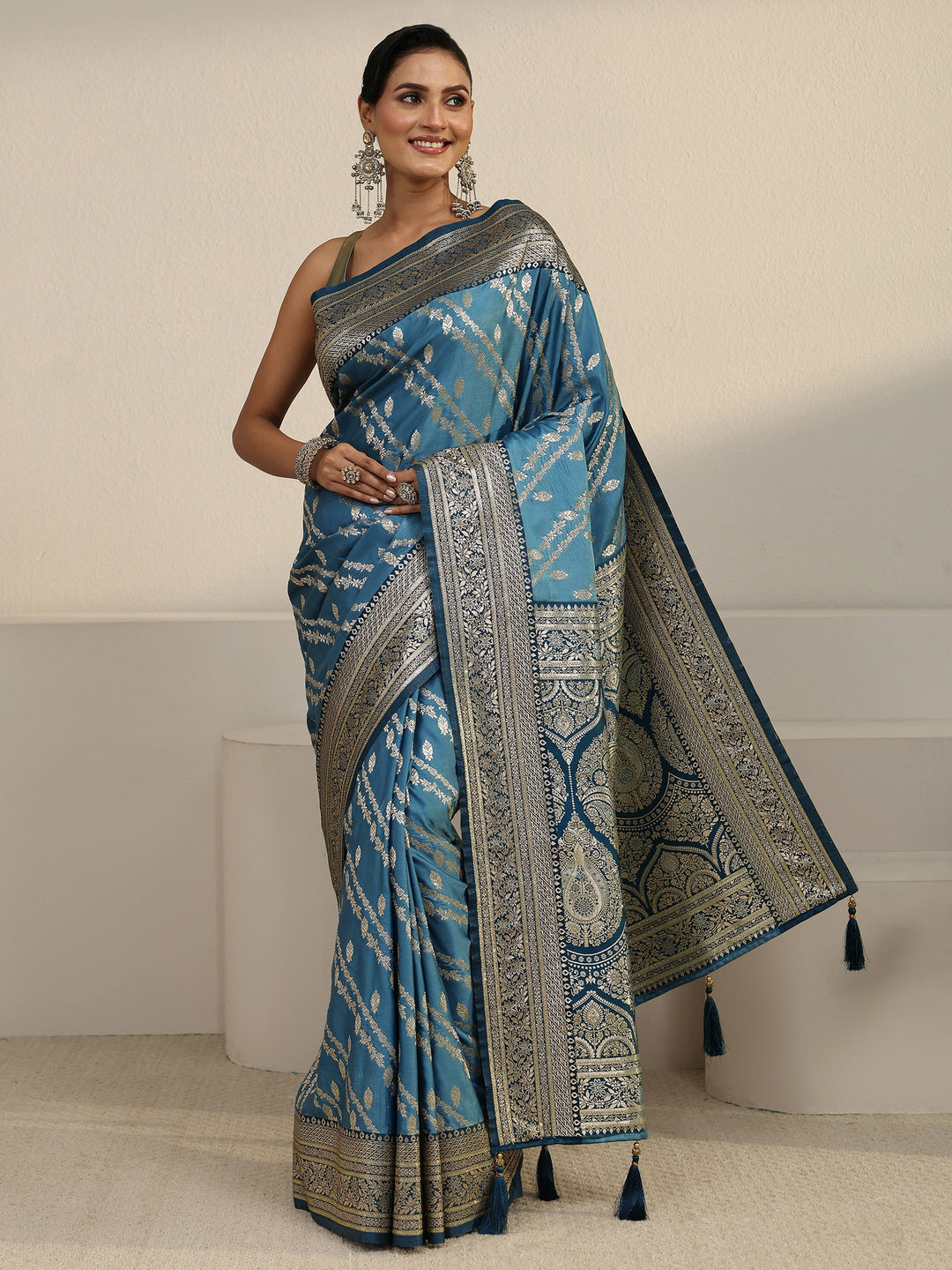  Libas Aqua Blue Woven Design Satin Saree 