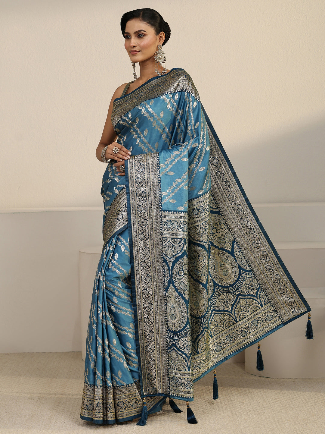  Libas Aqua Blue Woven Design Satin Saree 