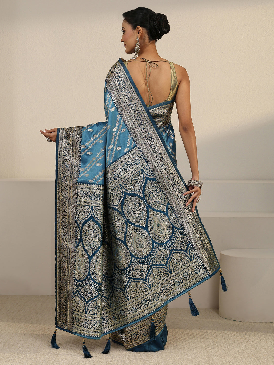 Libas Aqua Blue Woven Design Satin Saree 