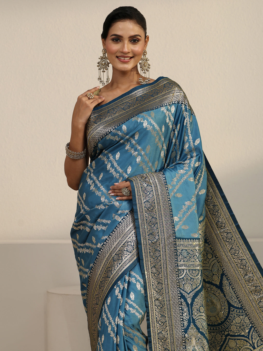  Libas Aqua Blue Woven Design Satin Saree 