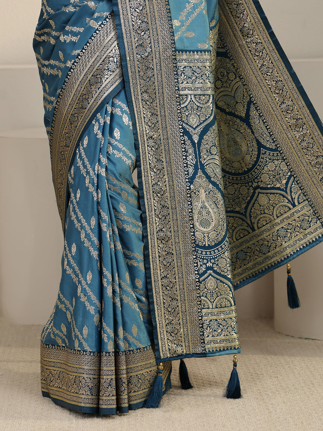  Libas Aqua Blue Woven Design Satin Saree 