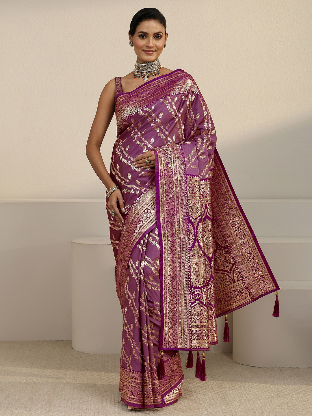  Libas Amethyst Purple Woven Design Satin Saree 