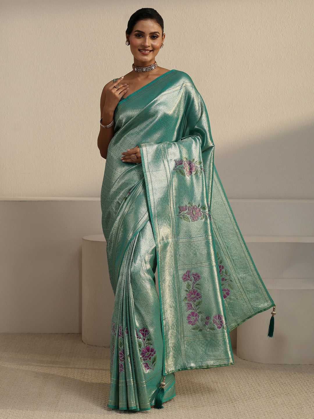  Libas Turquoise Blue Floral Motifs Silk Saree 