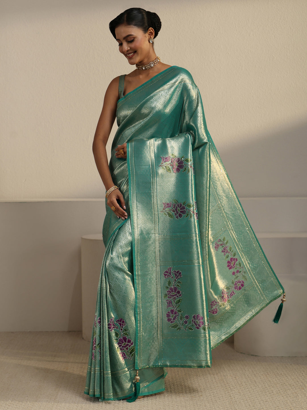  Libas Turquoise Blue Floral Motifs Silk Saree 