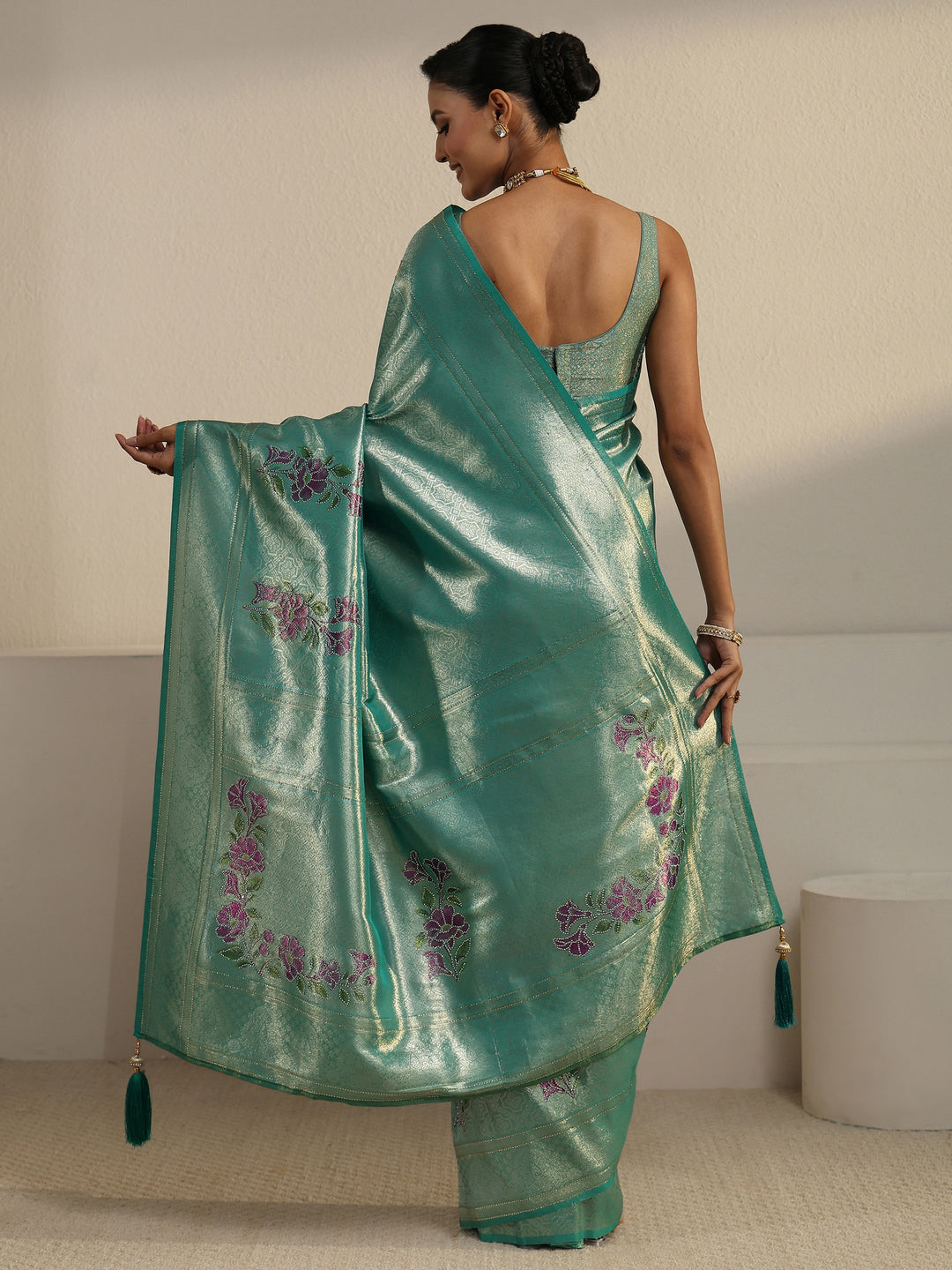  Libas Turquoise Blue Floral Motifs Silk Saree 
