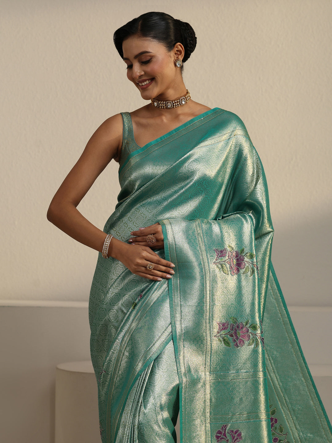  Libas Turquoise Blue Floral Motifs Silk Saree 