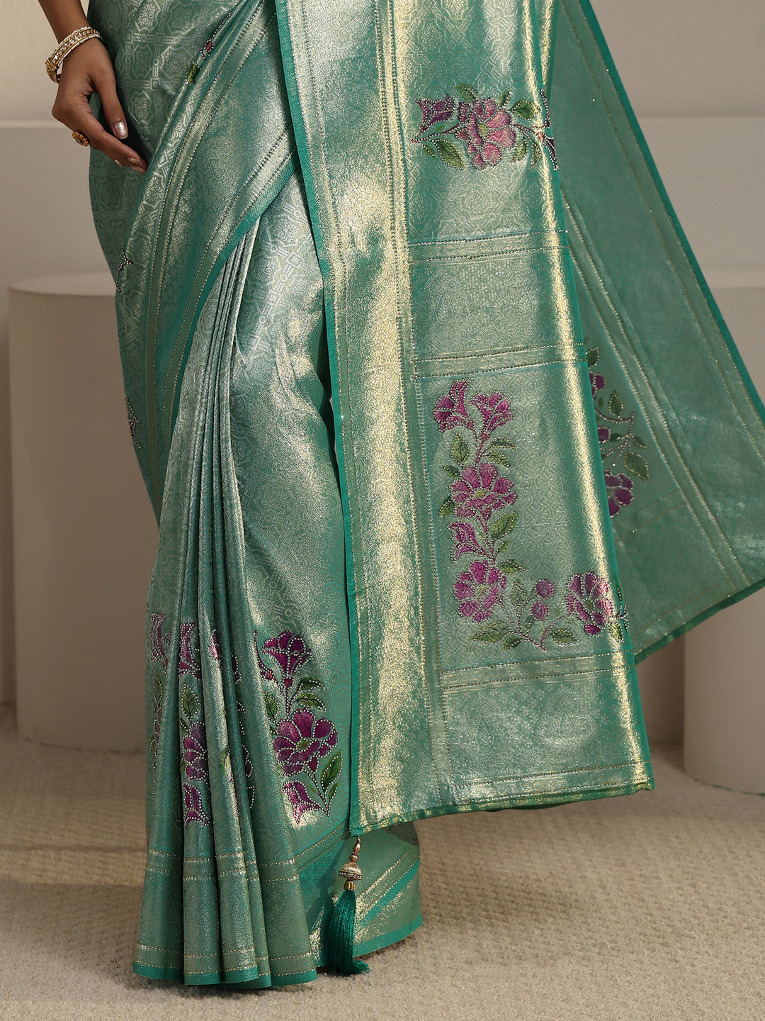  Libas Turquoise Blue Floral Motifs Silk Saree 
