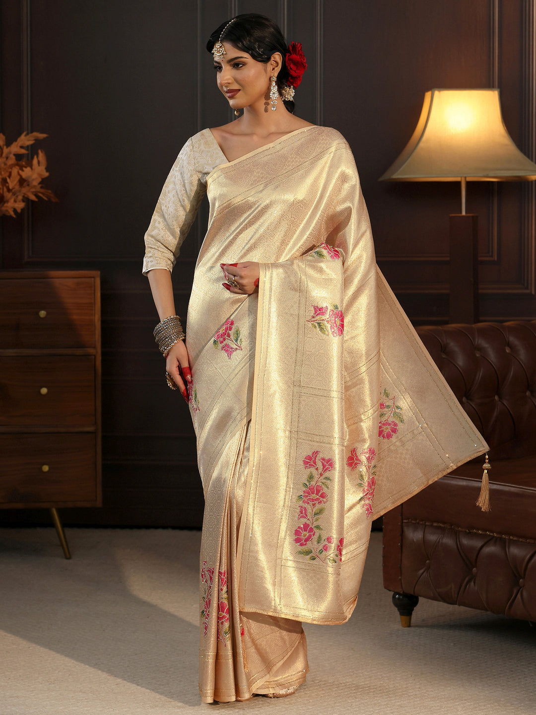  Libas Gold Banarasi Silk Saree with Floral Stone Work 