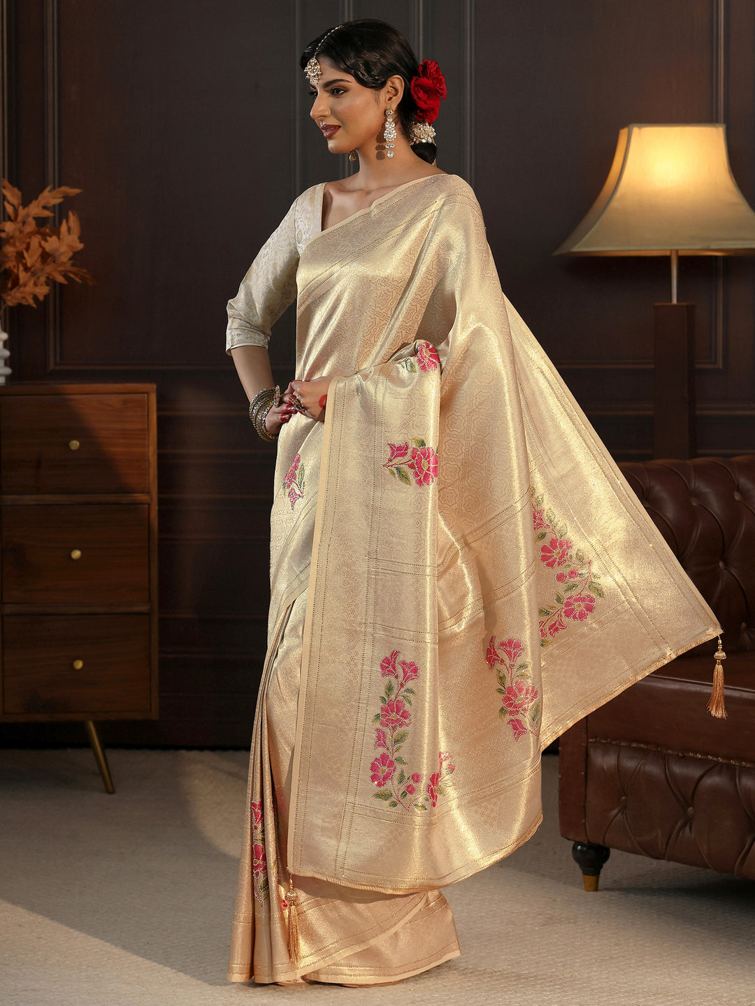  Libas Gold Banarasi Silk Saree with Floral Stone Work 