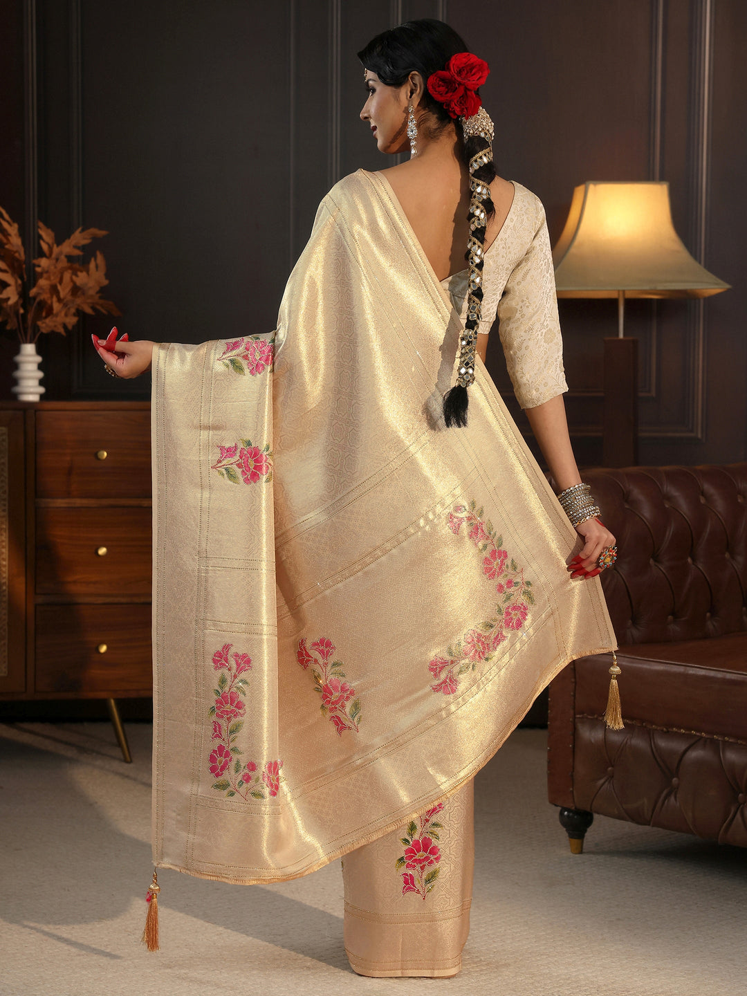 Libas Gold Banarasi Silk Saree with Floral Stone Work 