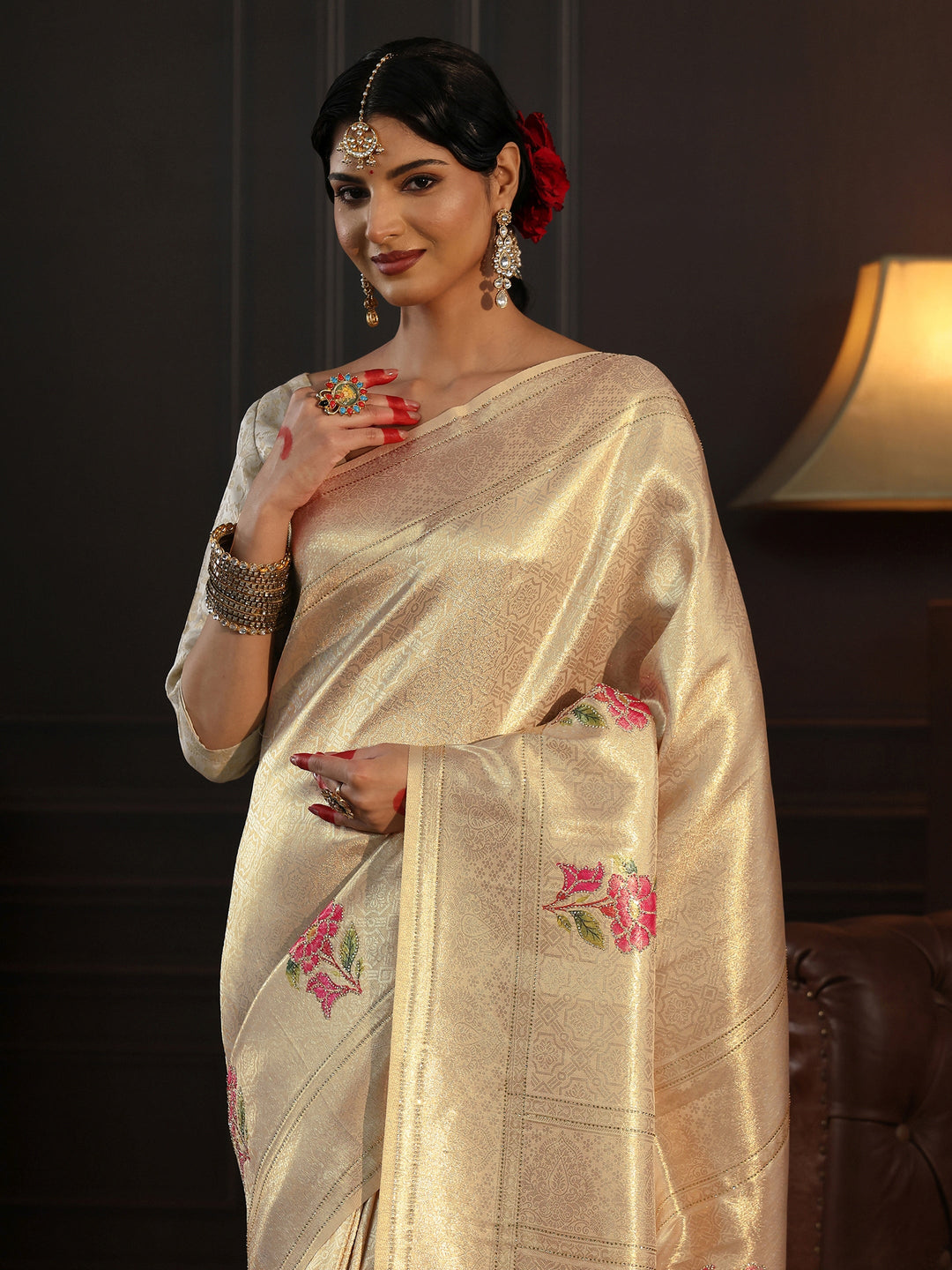  Libas Gold Banarasi Silk Saree with Floral Stone Work 