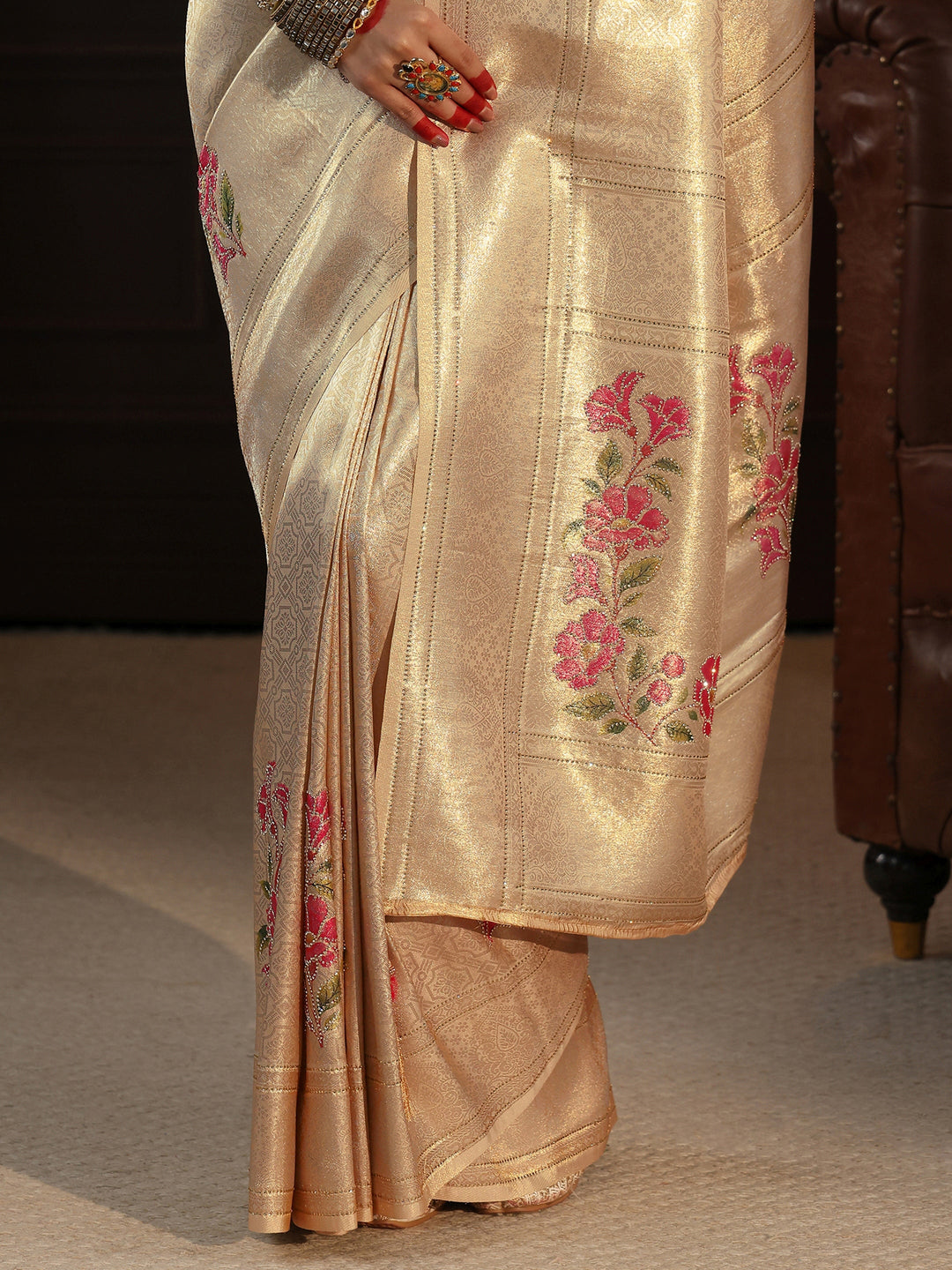  Libas Gold Banarasi Silk Saree with Floral Stone Work 