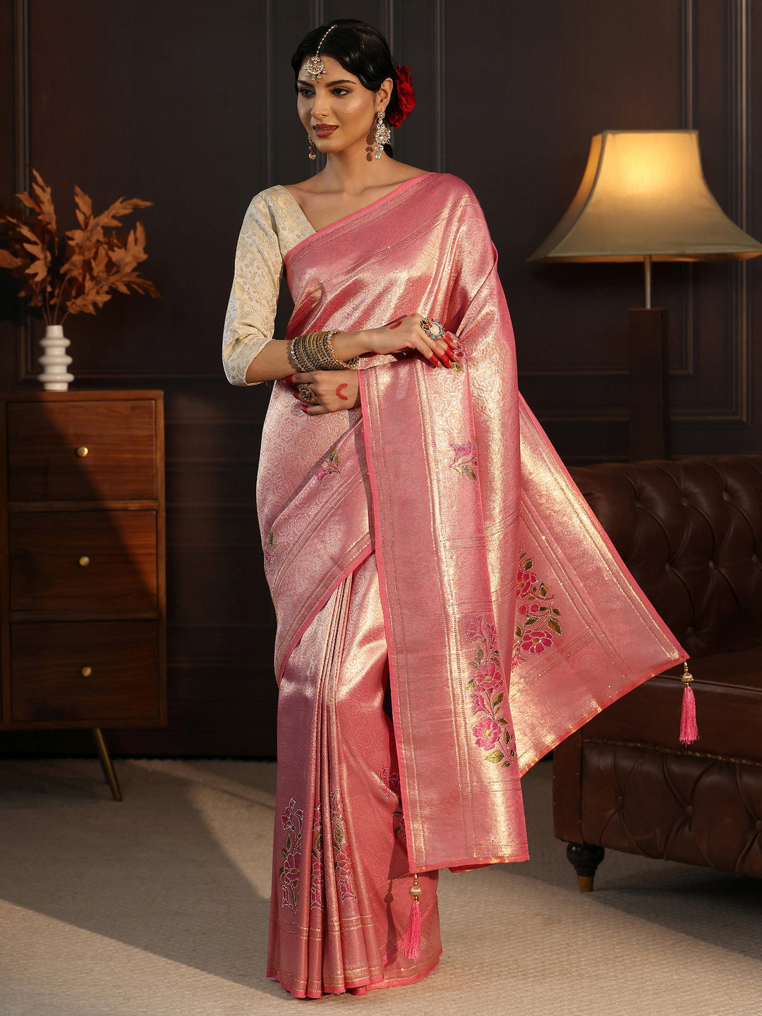  Libas Rose Pink Banarasi Silk Saree with Floral Stone Work 
