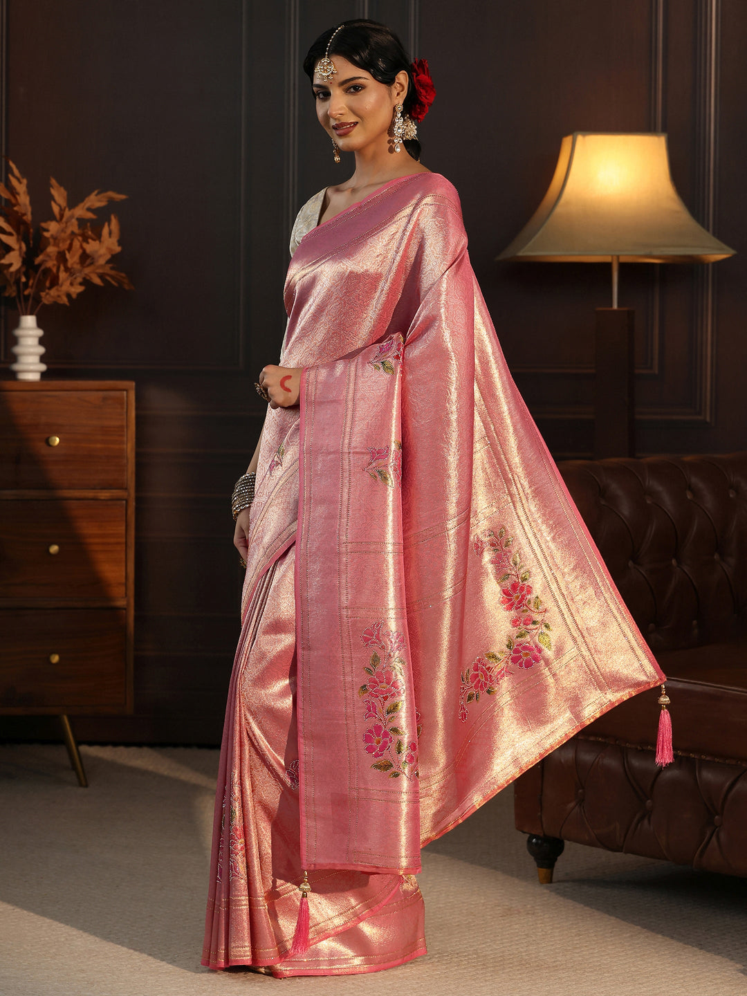  Libas Rose Pink Banarasi Silk Saree with Floral Stone Work 