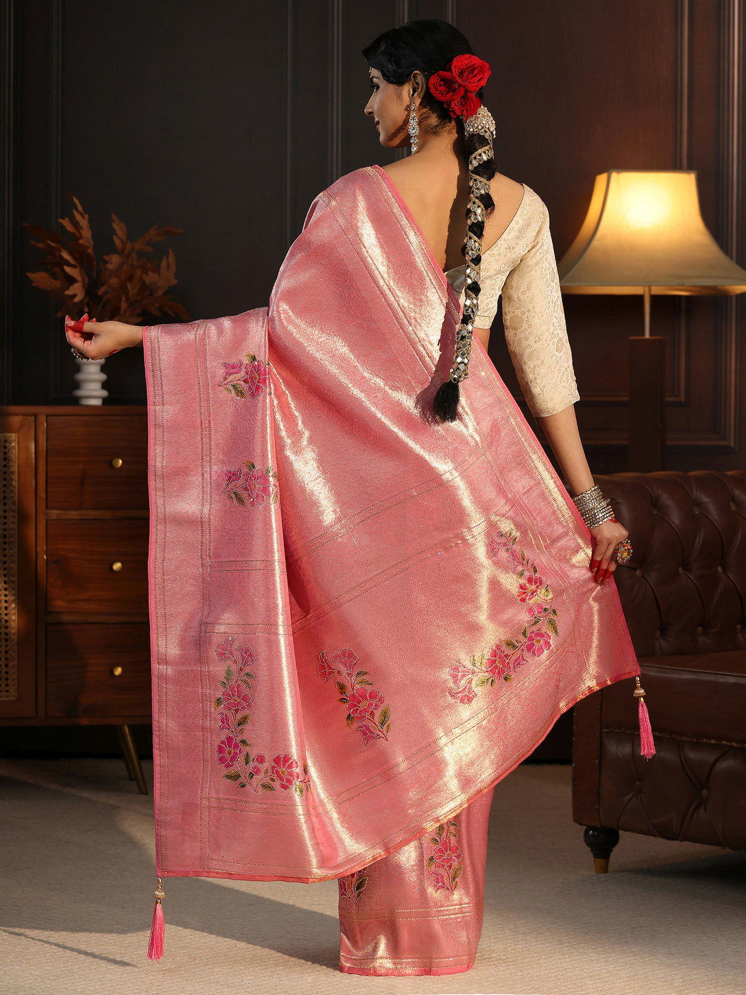  Libas Rose Pink Banarasi Silk Saree with Floral Stone Work 