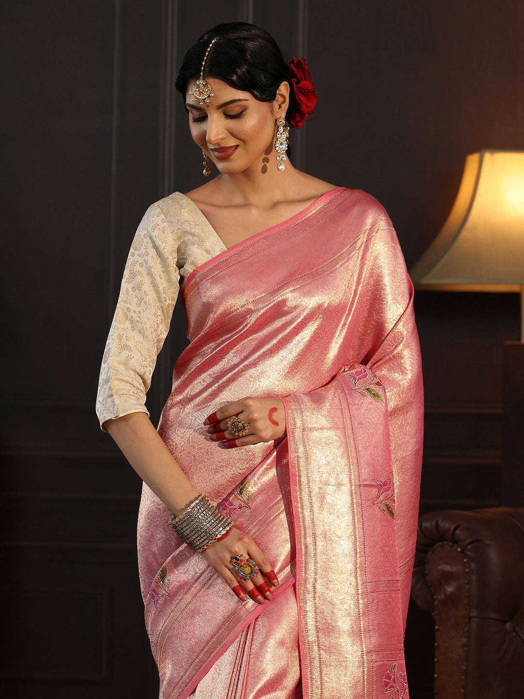  Libas Rose Pink Banarasi Silk Saree with Floral Stone Work 