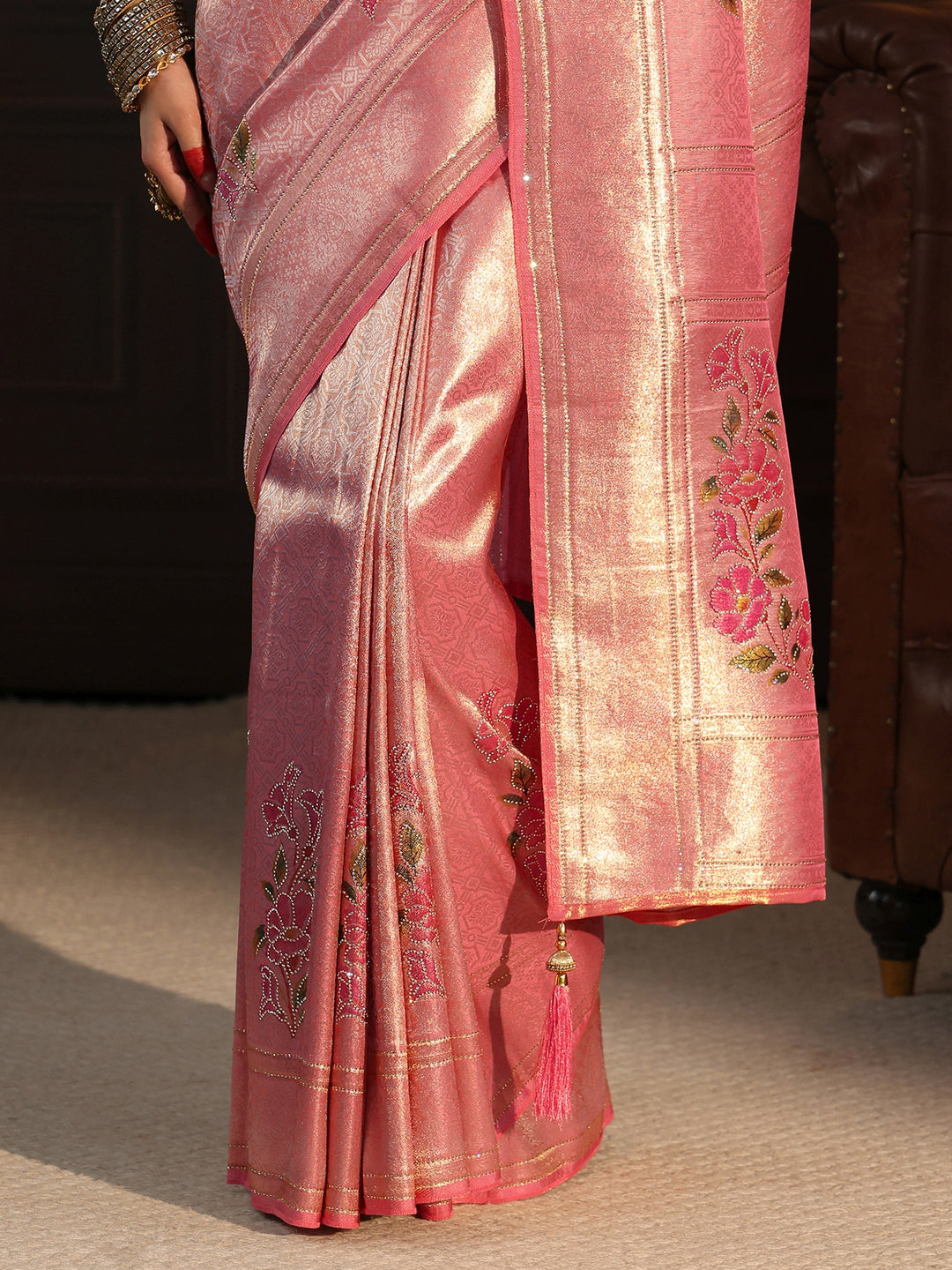  Libas Rose Pink Banarasi Silk Saree with Floral Stone Work 