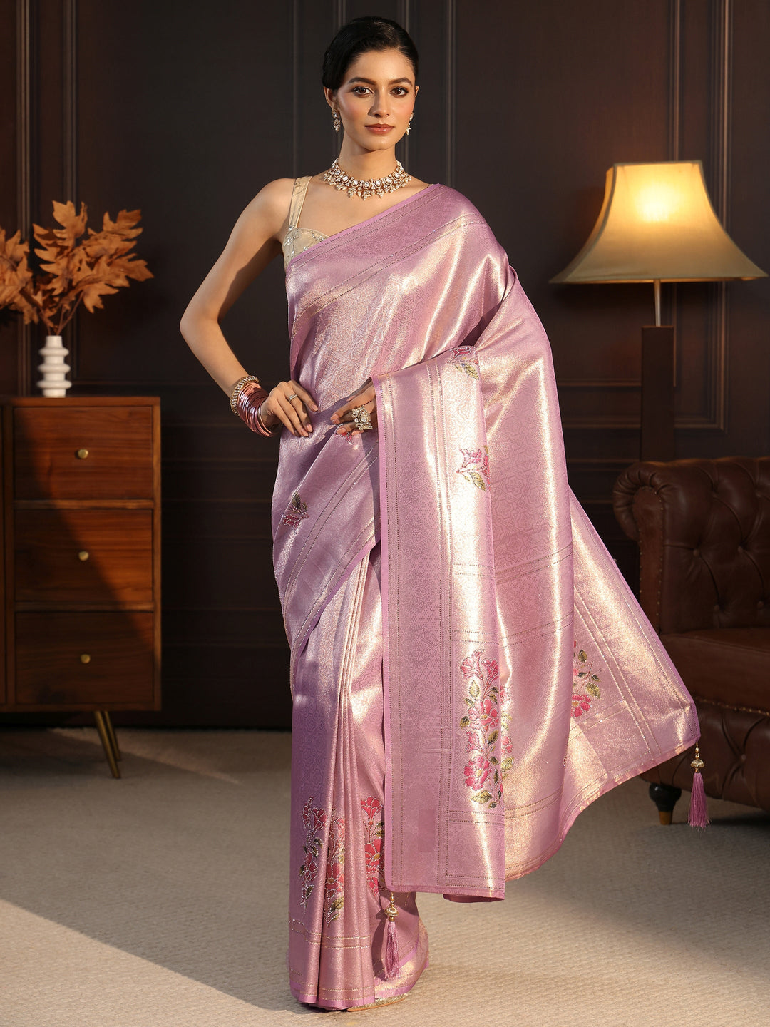  Libas Lavender Floral Woven Design Silk Saree with Stone Work 