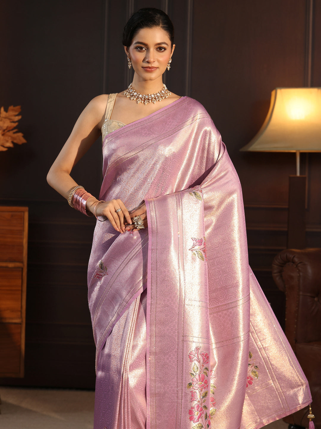  Libas Lavender Floral Woven Design Silk Saree with Stone Work 