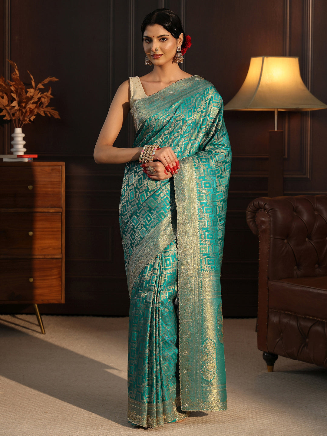  Libas Teal Green Woven Design Silk Blend Saree with Stone Work 