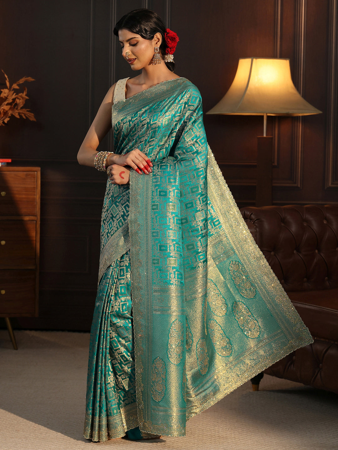  Libas Teal Green Woven Design Silk Blend Saree with Stone Work 