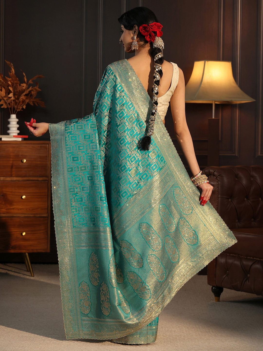  Libas Teal Green Woven Design Silk Blend Saree with Stone Work 