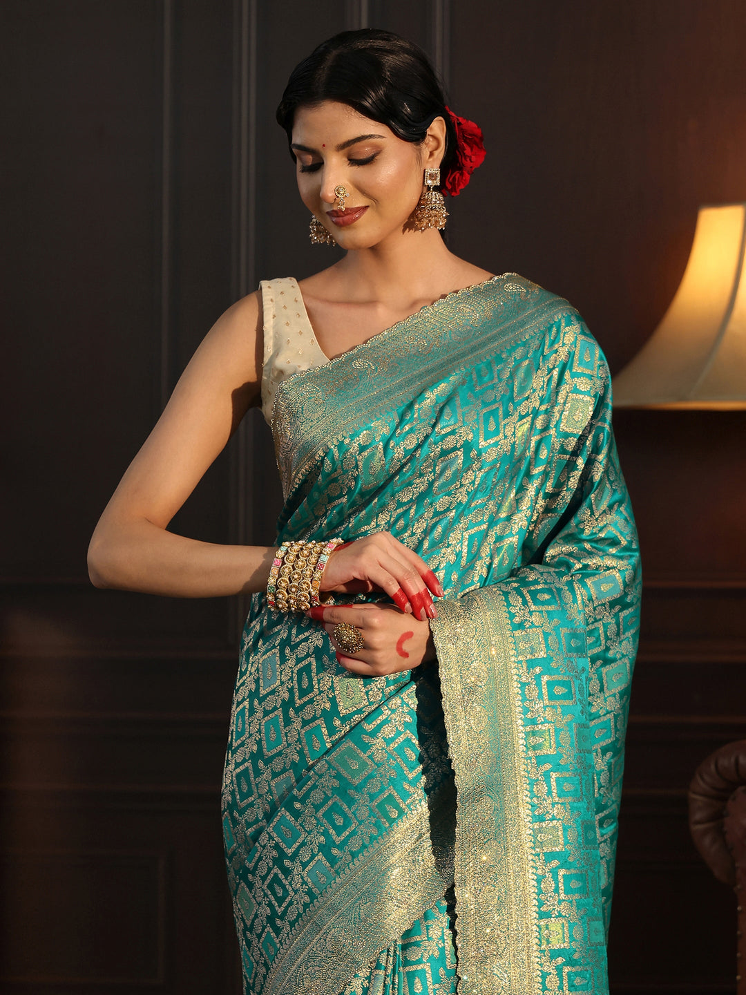  Libas Teal Green Woven Design Silk Blend Saree with Stone Work 