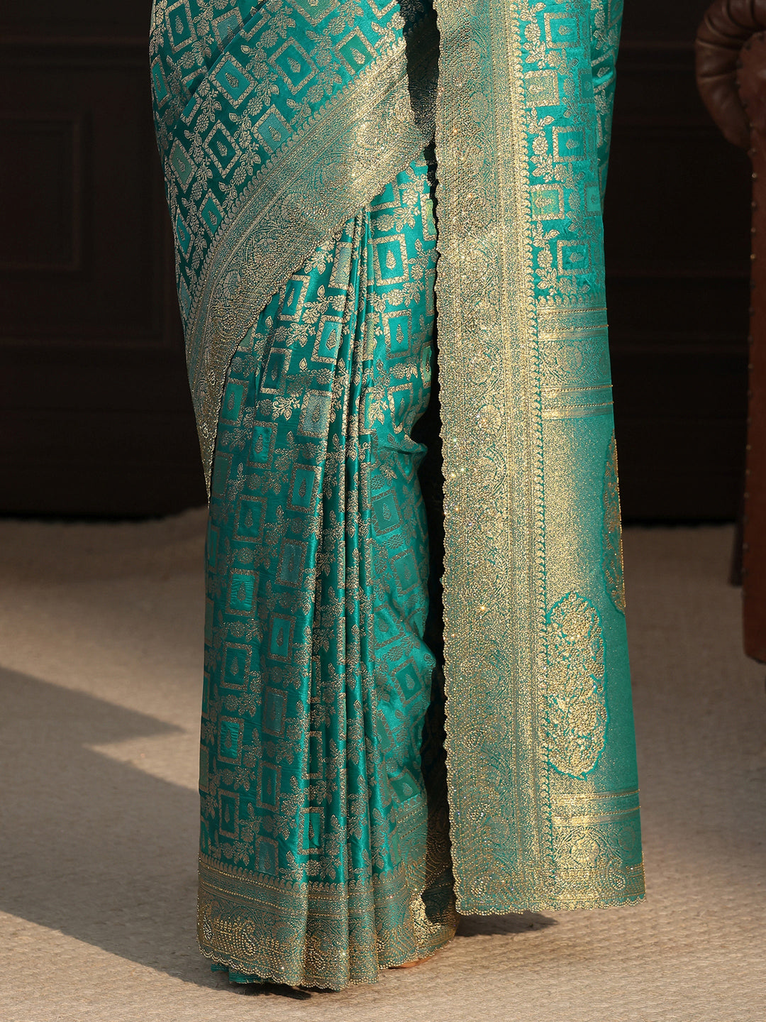  Libas Teal Green Woven Design Silk Blend Saree with Stone Work 