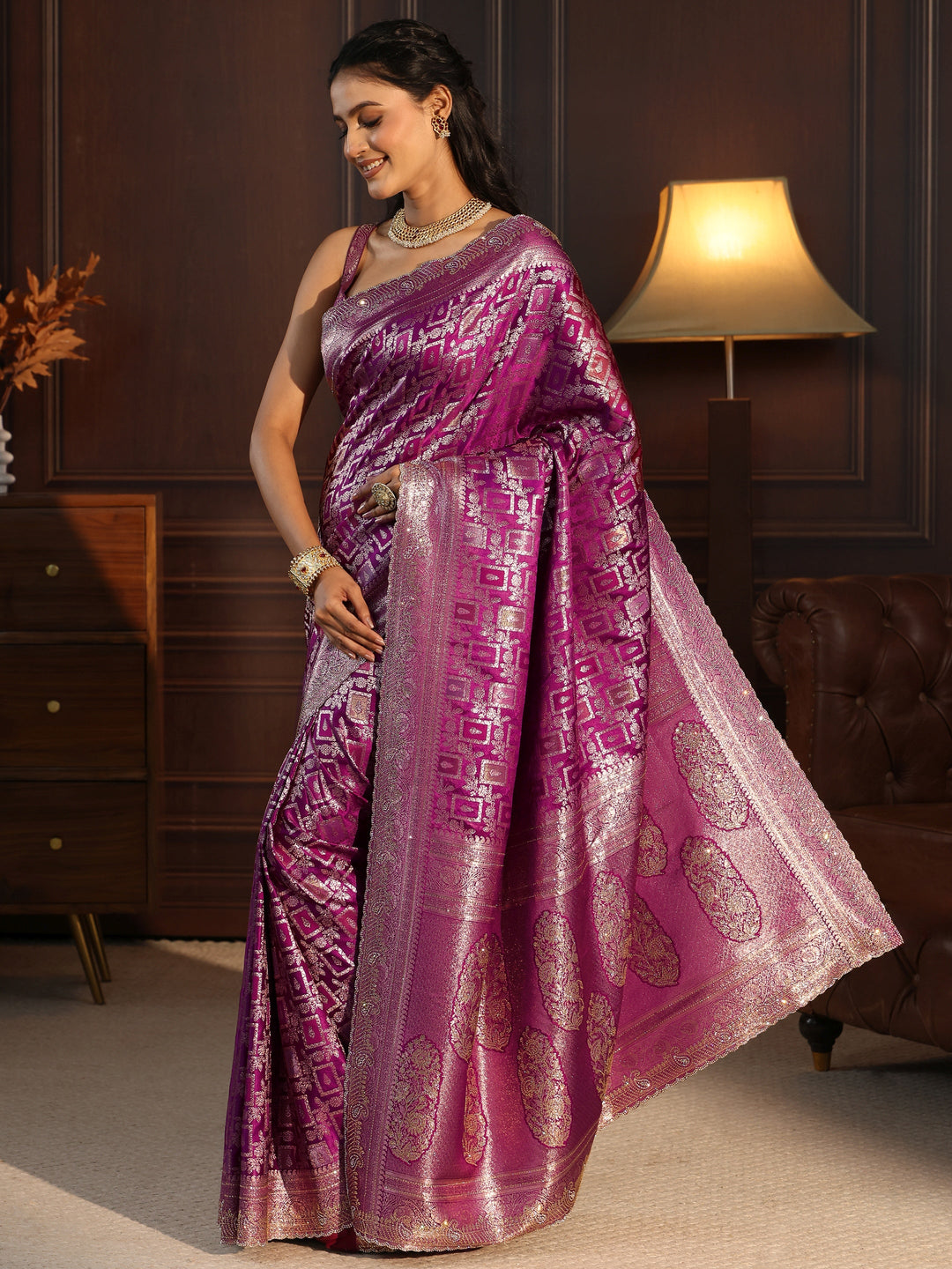  Libas Purple Floral Woven Design Silk Blend Saree with Stone Work 