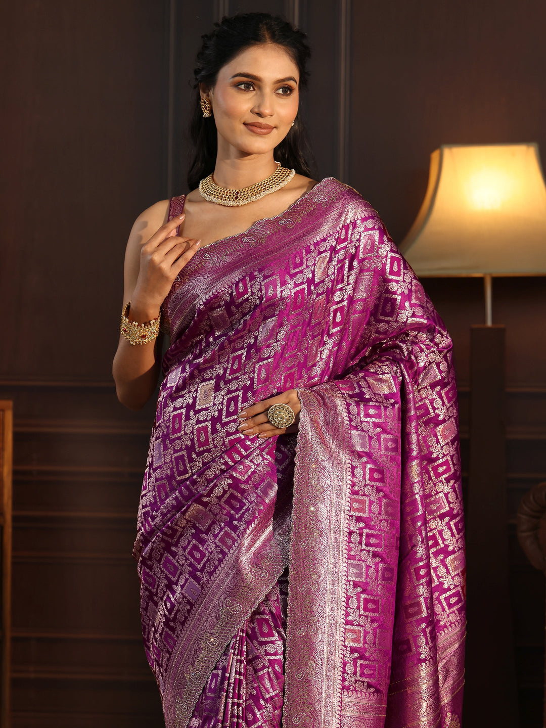 Libas Purple Floral Woven Design Silk Blend Saree with Stone Work 